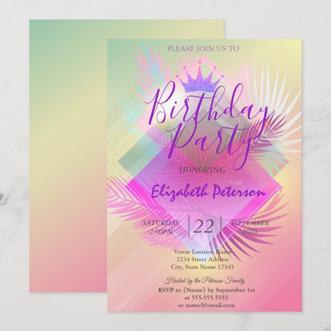 Invitación Purpurina de moda Tiara Palm deja fiesta de cumple (Anverso / Reverso)