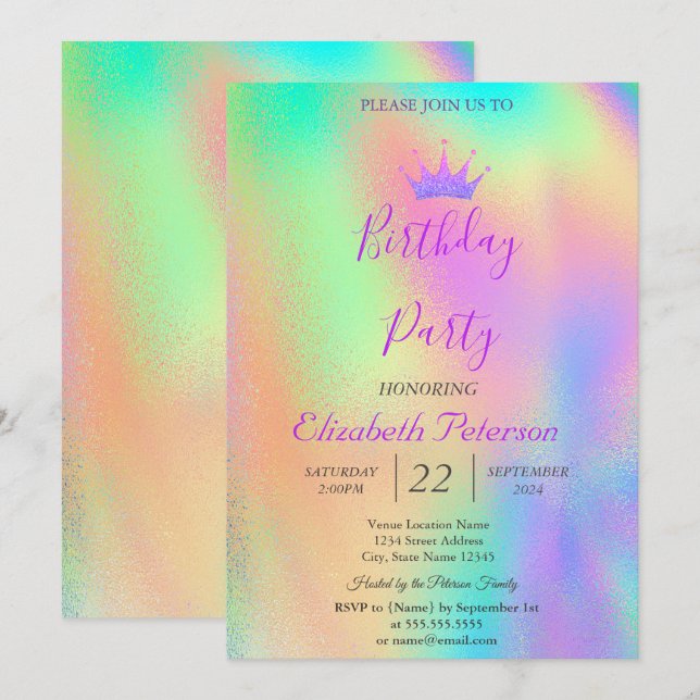 Invitación Purpurina de moda Tiara Rainbow Holographic Cumple (Anverso / Reverso)