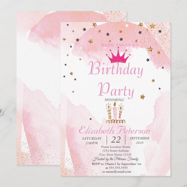 Invitación Purpurina de moda Tiara, Velas, fiesta de cumpleañ (Anverso / Reverso)