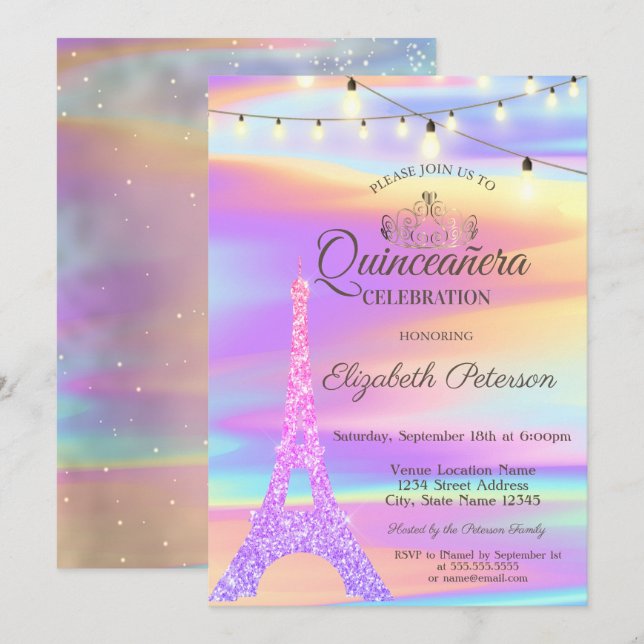 Invitación Purpurina de moda Torre Eiffel Holografía Quinceañ (Anverso / Reverso)