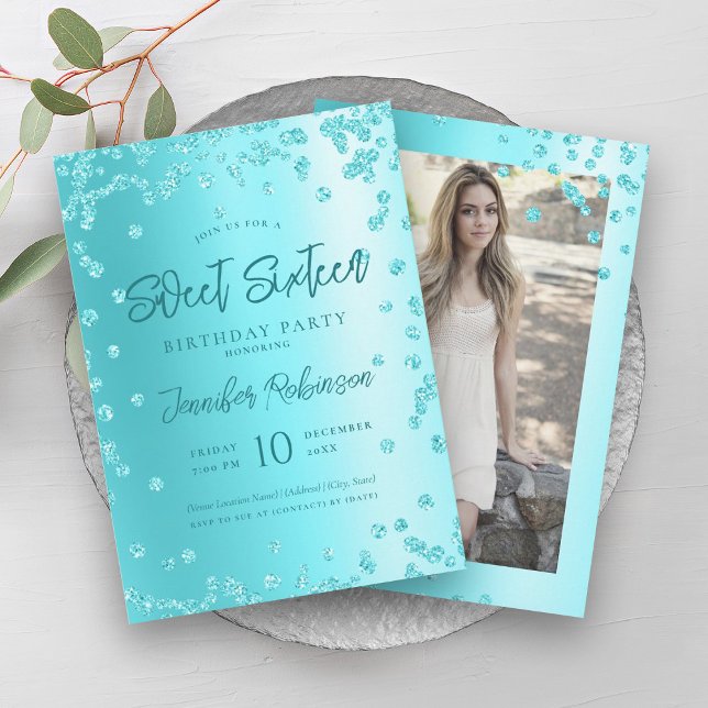 Invitación Purpurina de Moda turquesa Foto Dulce 16 (Turquoise Chic Glitter Photo Sweet 16 Invitation)