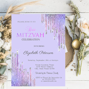 Invitación Purpurina de moda Violet Drits Lavander Bat Mitzva