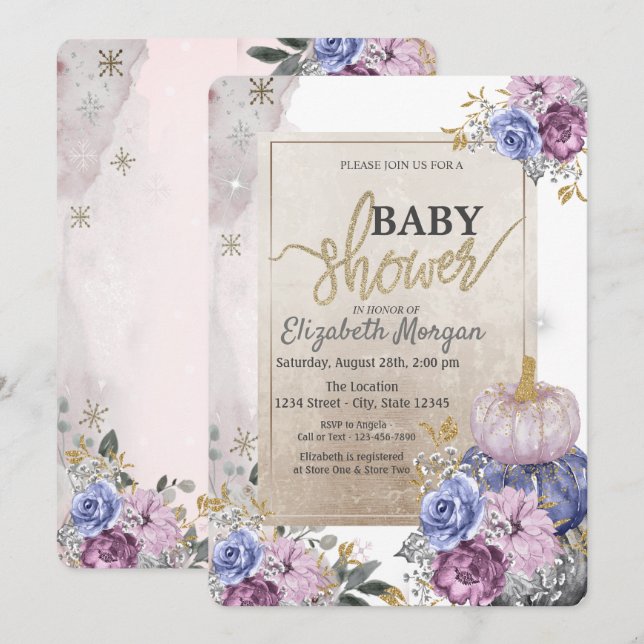 Invitación Purpurina de moda Violet Pumpkins Flores Baby Show (Anverso / Reverso)