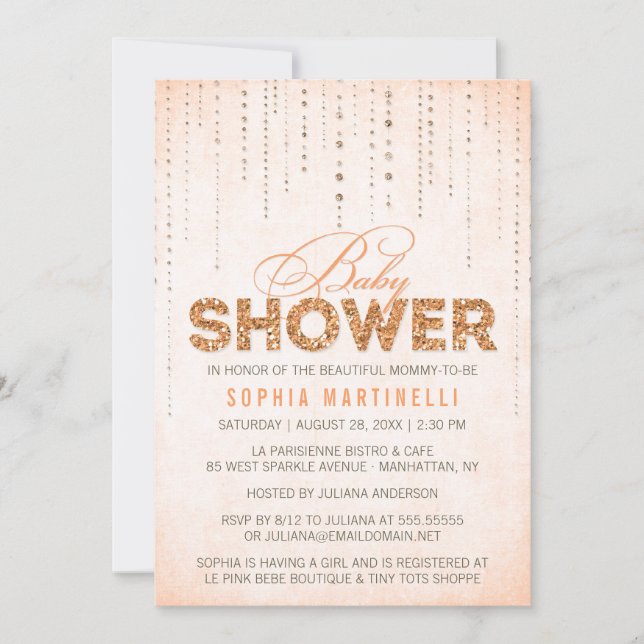 Invitación Purpurina de Naranja Peach Baby Shower (Anverso)