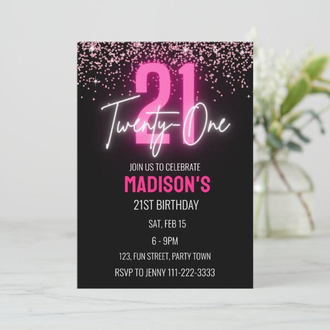Invitación Purpurina de Neón Rosa 21ª Chica de Cumpleaños (Anverso de pie)