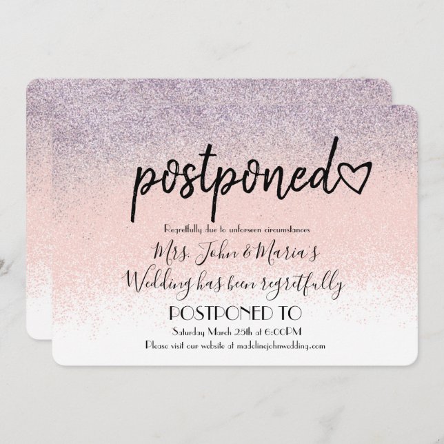 Invitación Purpurina de Ombre Boda de nueva fecha de aplazami (Anverso / Reverso)