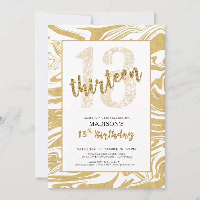 Invitación Purpurina de oro 13º cumpleaños guión moderno (Anverso)