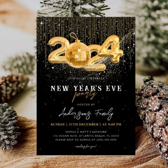 Invitación Purpurina de oro 2024 Fiesta de Nochevieja Negro (Subido por el creador)