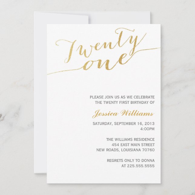 Invitación Purpurina de oro 21ª Fiesta de cumpleaños (Anverso)