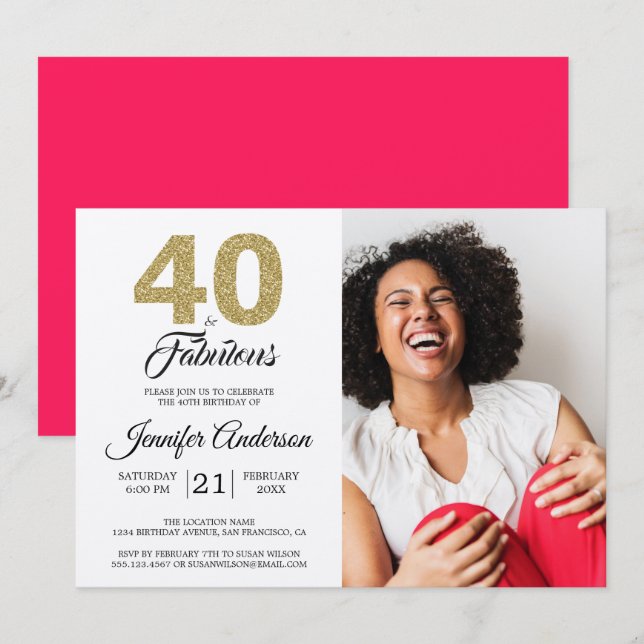 Invitación Purpurina de oro 40 Fabulosa foto rosa de la diva  (Anverso / Reverso)
