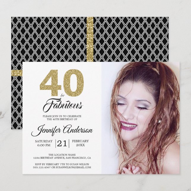 Invitación Purpurina de oro 40 y fabulosa foto de cumpleaños  (Anverso / Reverso)