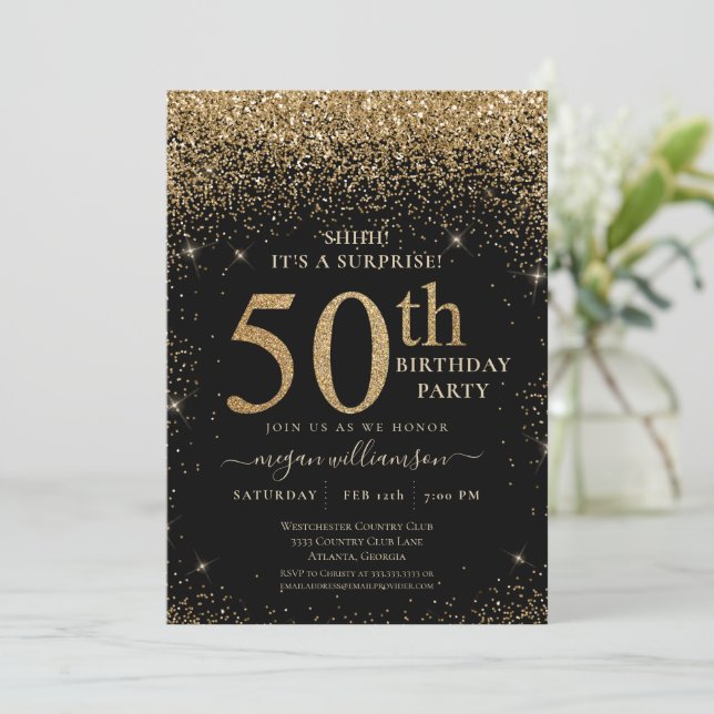 Invitación Purpurina de oro 50.ª fiesta de cumpleaños sorpres (Anverso de pie)