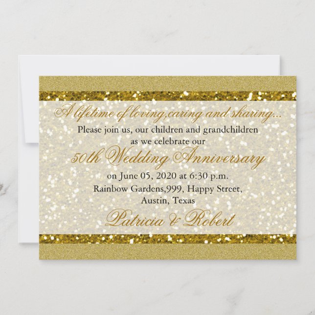 Invitación Purpurina de oro 50 aniversario de Boda dorado (Anverso)