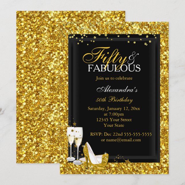 Invitación Purpurina de oro 50 Fabuloso fiesta de champán cum (Anverso / Reverso)