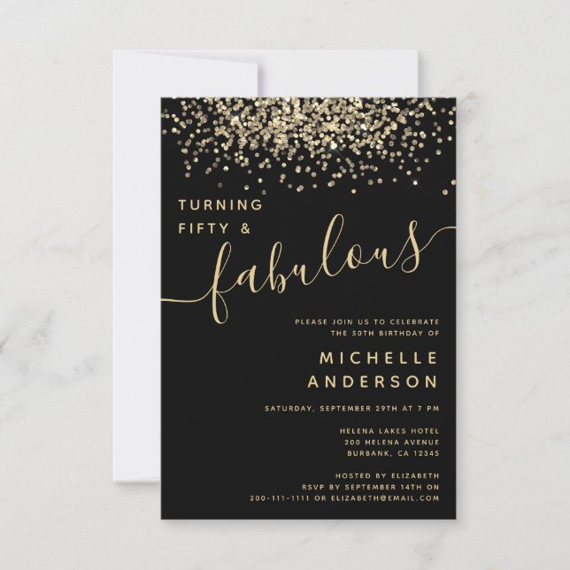 Invitación Purpurina de oro 50 y fabulosa fiesta de cumpleaño (Anverso)