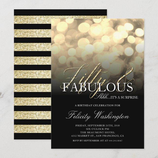 Invitación Purpurina de oro 50 y fabulosa fiesta de cumpleaño (Anverso / Reverso)