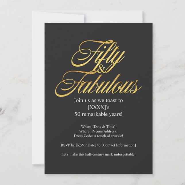 Invitación Purpurina de oro 50 y fabuloso cumpleaños 50 (Anverso)