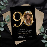 Invitación Purpurina de oro 90th Birthday Photo<br><div class="desc">Plantilla de fiesta fotográfico de Purpurina de oro de cumpleaños número 90. Disponible como descarga digital imprimible. descarga personalizado,  personalizada y editable</div>