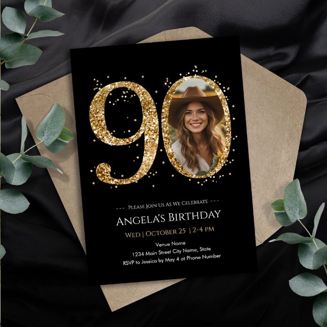 Invitación Purpurina de oro 90th Birthday Photo (Subido por el creador)