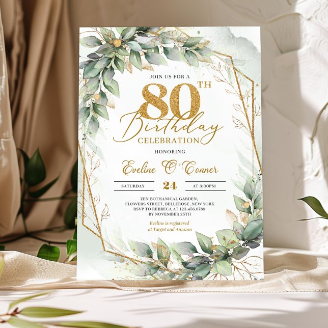 Invitación Purpurina de oro acuarela eucalipto cumpleaños 80 (Delicate green eucalyptus and gold glitter number 80th birthday invitation digital
)