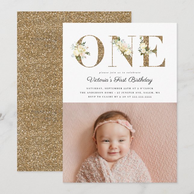 Invitación Purpurina de oro acuarela Floral Foto de primer cu (Anverso / Reverso)