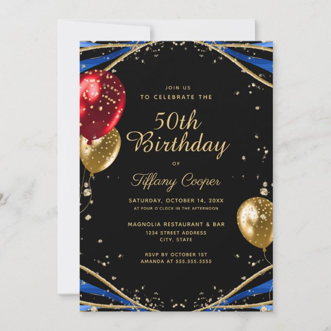 Invitación Purpurina de oro Agate azul mujeres 50 cumpleaños (Anverso)