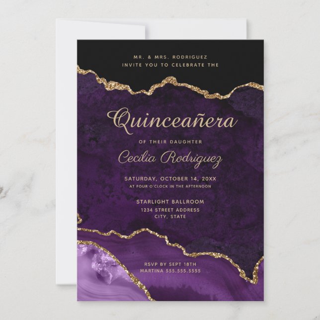 Invitación Purpurina de oro Agate púrpura Quinceanera (Anverso)