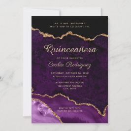 Invitación Purpurina de oro Agate púrpura Quinceanera