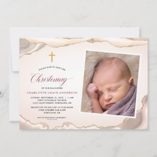 Invitación Purpurina de oro Agate Script Chica de fotografía 