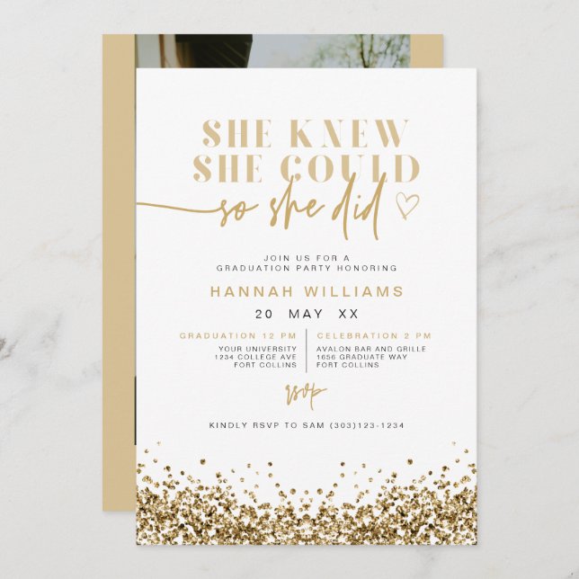 Invitación PURPURINA De Oro Amarillo De REGINA Lo Hizo Gradua (Anverso / Reverso)