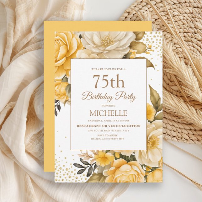 Invitación Purpurina de oro amarillo floral 75º cumpleaños (Yellow and ivory watercolor floral women's 75th birthday party invitation)