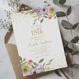 Invitación Purpurina de oro amarillo rosado floral 18 cumplea