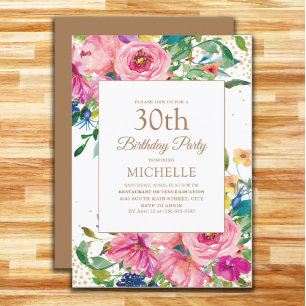 Invitación Purpurina de oro amarillo rosado floral 30 cumplea