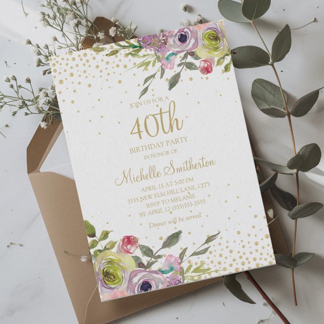 Invitación Purpurina de oro amarillo rosado floral 40 cumplea (Pink, purple, yellow watercolor floral 40th birthday party invitation)