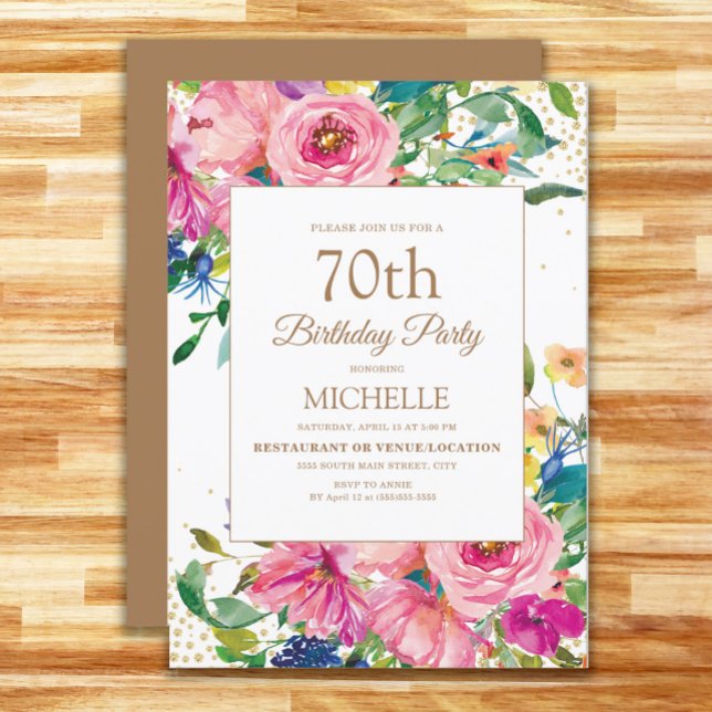 Invitación Purpurina de oro amarillo rosado floral 70 cumplea (Pink, yellow, blue floral women's 70th birthday party invitation)
