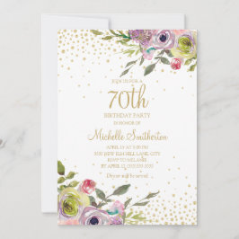 Invitación Purpurina de oro amarillo rosado floral 70 cumplea