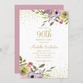 Invitación Purpurina de oro amarillo rosado floral 90 cumplea