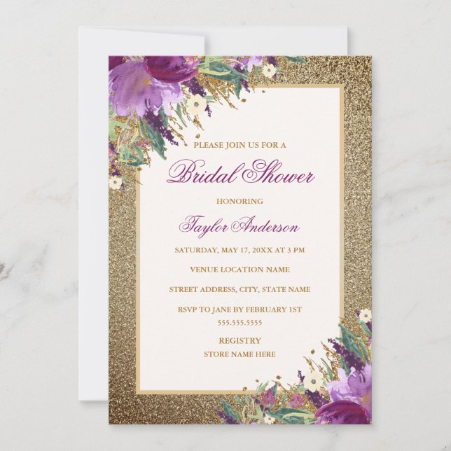 Invitación Purpurina de oro Amethyst Purple Floral Bridal Sho (Anverso)