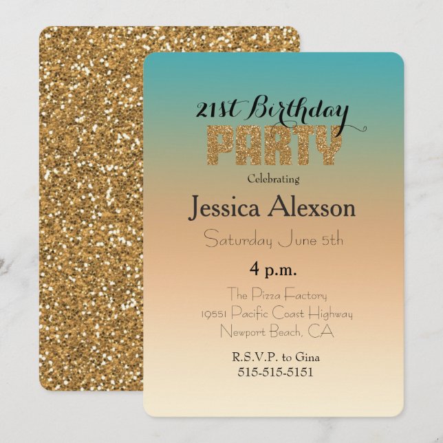 Invitación Purpurina de oro Aqua Peach Sunset Ombre (Anverso / Reverso)