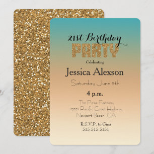 Invitación Purpurina de oro Aqua Peach Sunset Ombre