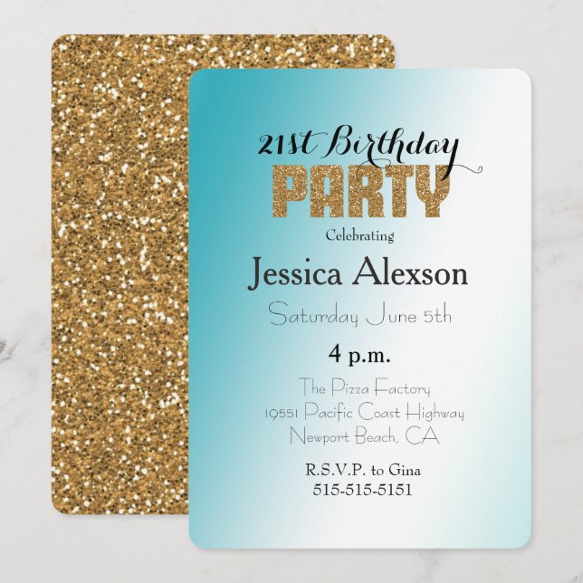 Invitación Purpurina de oro Aqua White Ombre (Anverso / Reverso)