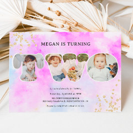 Invitación Purpurina de oro arcoiris morado 3 fotos 2º cumple