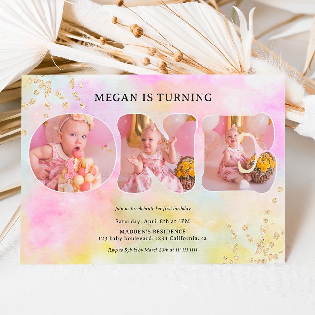 Invitación Purpurina de oro arcoiris pastel 3 fotos 1º cumple (Subido por el creador)