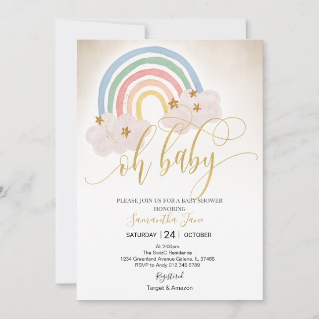 Invitación Purpurina de oro arcoiris rociado de bebé Oh Baby  (Anverso)