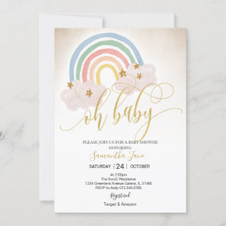 Invitación Purpurina de oro arcoiris rociado de bebé Oh Baby