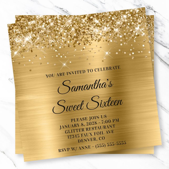 Invitación Purpurina de oro Aspecto metálico dulce Dieciséis (Gold Glitter Metallic Look Sweet Sixteen Invitation)