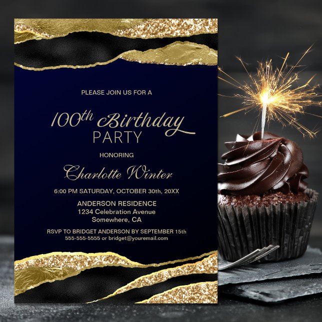 Invitación Purpurina de Oro Azul 100 cumpleaños (Subido por el creador)