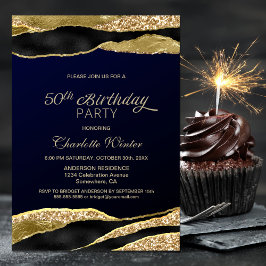 Invitación Purpurina de Oro Azul 50 cumpleaños