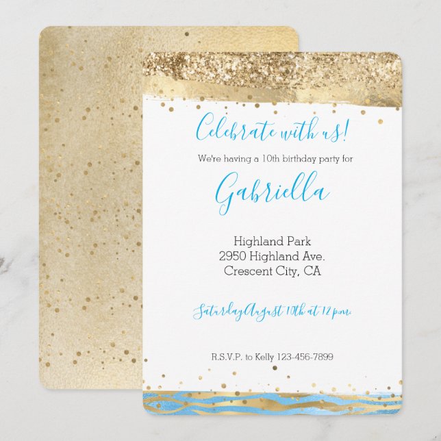 Invitación Purpurina de oro azul Aqua (Anverso / Reverso)