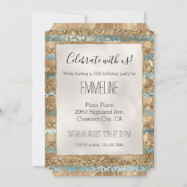 Invitación Purpurina de oro azul Aqua Leopard Print Stripes